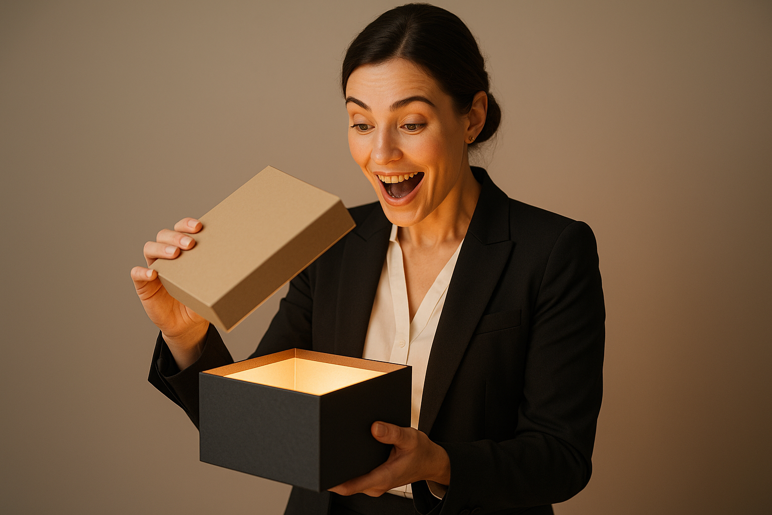femme entrepreneure ouvrant sa box mystere (sans texte)