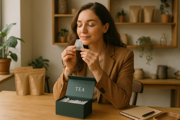 femme entrepreneure qui sent son sachet de thé devant sa box
